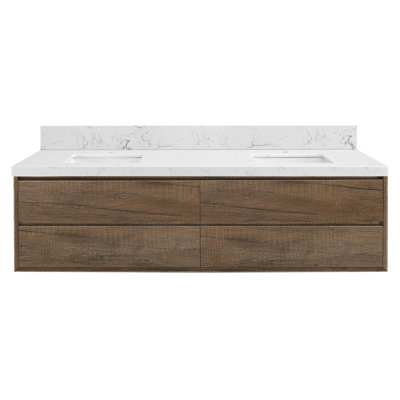 84 Inch Oak Wall Mounted Bathroom Vanity with Engineered Stone Sink and Drawers