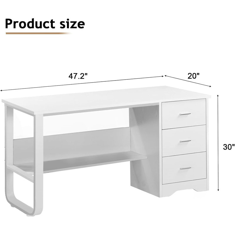 47 Inch Home Office Computer Desk ,Small Desk,with 3 Drawers  &Storage File Cabinet, White