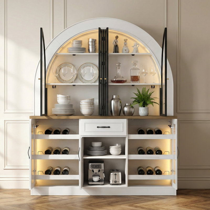 Buffet et huche arqués de 63 po de largeur avec éclairage à DEL, rangement pour bouteilles de vin et armoires de présentation