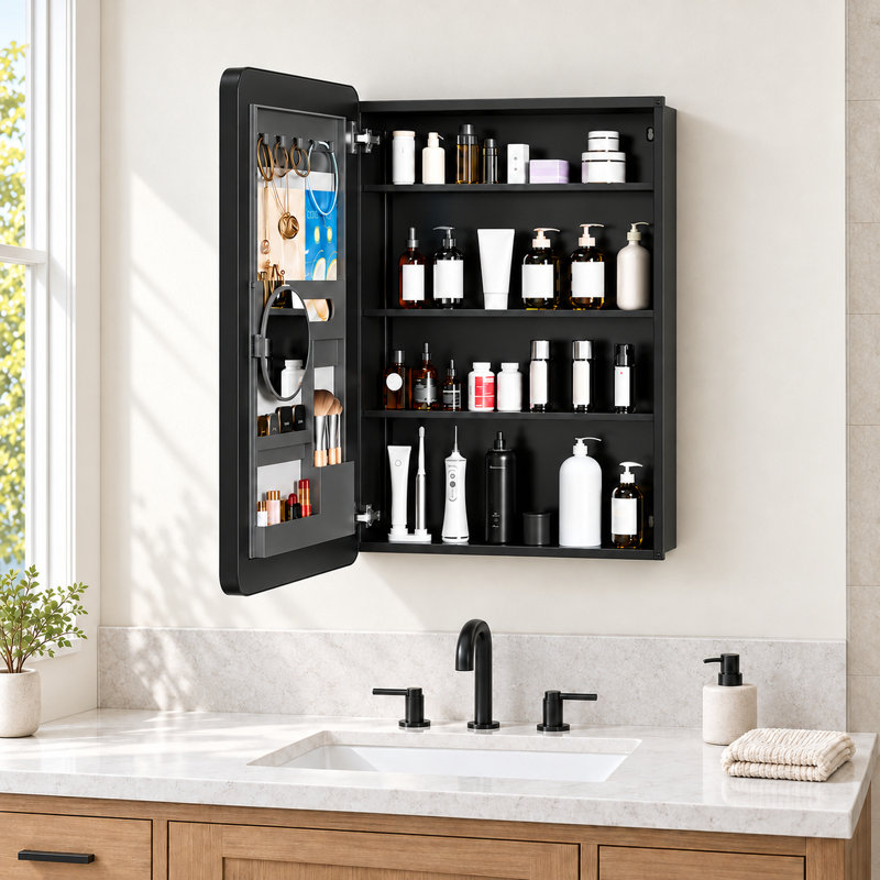 Armoire à pharmacie Ahn avec miroir, encastré ou en saillie, étagères réglables et rangement derrière la porte