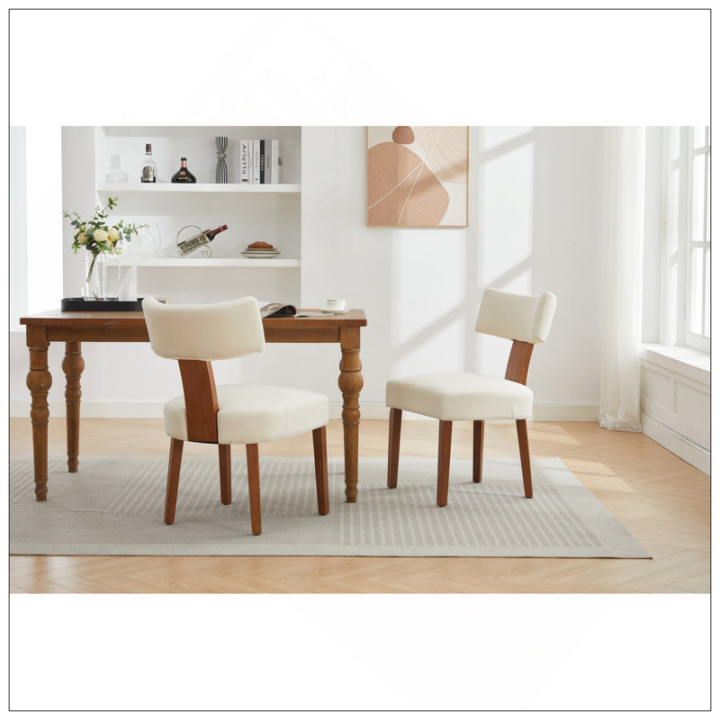 Ensemble de 2 chaises de salle à manger sans accoudoirs modernes en lin avec dossier incurvé et pieds en bois massif pour le salon, beige
