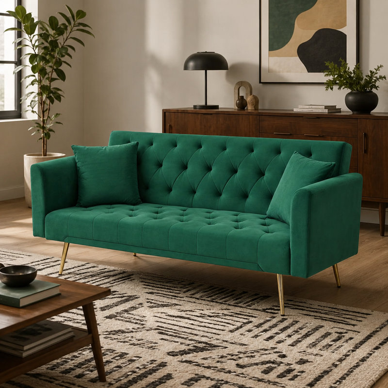 Thomias 71.01'' Velvet Convertible Sofa, Green Velvet