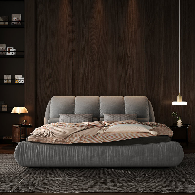 Lit de luxe rembourré avec housse en tissu, plateforme grise, lattes en bois massif et rembourrées, Grand lit, Gris