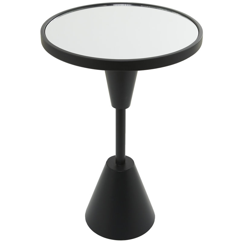 Metal Pedestal Base Side End Accent Table with Mirrored Glass Top, Black Top/Black Base