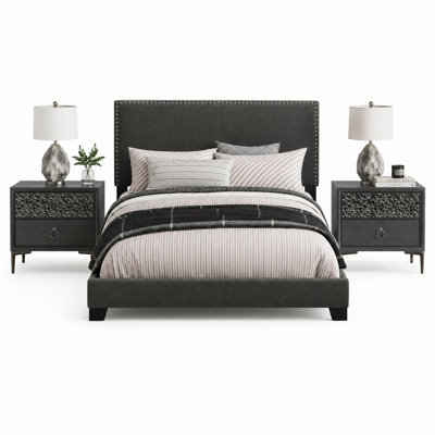 Ensemble de chambre pour très grand lit, brun espresso, argent, bois noir, ensemble de 3 pièces avec 2 tables de chevet