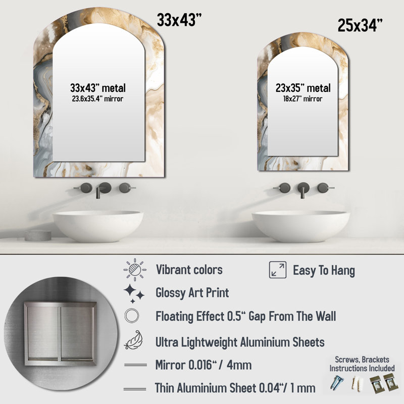 Gold And Grey A Marble Effect V - Marble Arch Wall Mirror, Modern Asymmetrical Decorative Mirror, Printed Metal Art