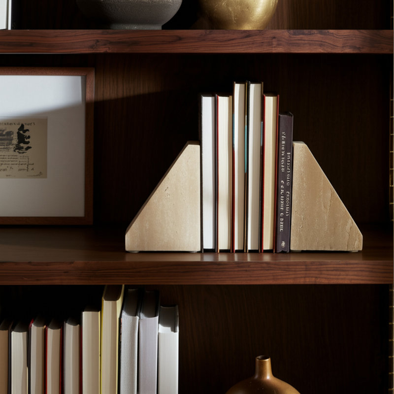 Serre-livres triangulaires modernes en travertin - Serre-livres décoratifs en pierre pour décoration intérieure, bureau ou bibliothèque - ensemble de 2, 5 po, brun clair