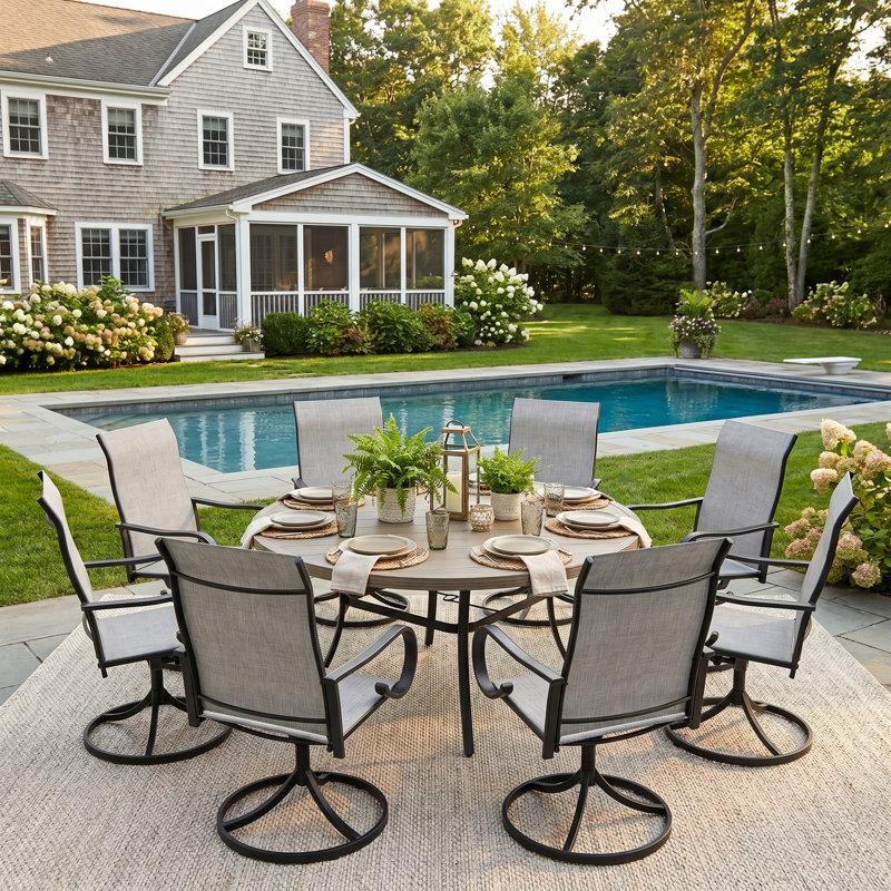 8-Person Outdoor Round Patio Dining Set With Swivel Textilene Chairs, Brush Wood Gray/Gray
