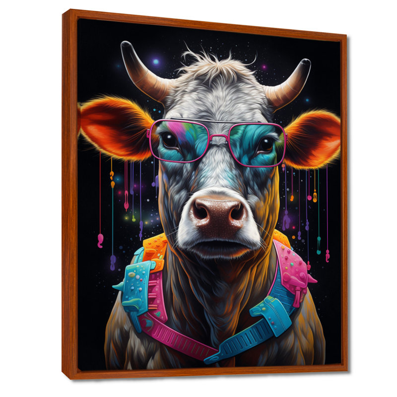 Vache avec lunettes de soleil bleues fraîches, Toile avec cadre brun, H 40 po x l 30 po x P 1,5 po