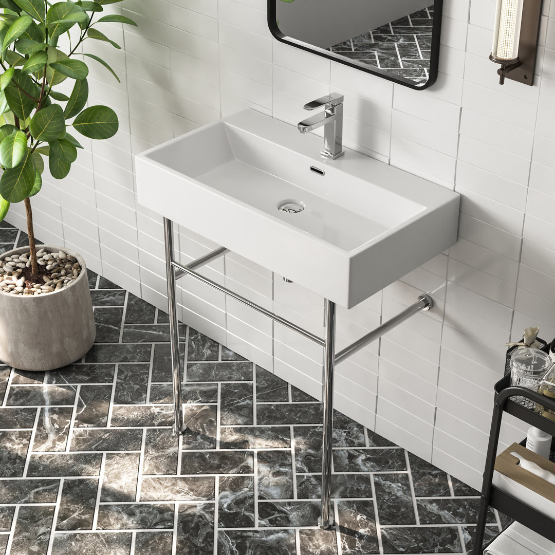 Rectangular 30 Ceramic Console Sink White Basin with Overflow Single Faucet Hole DeerValley Drain 