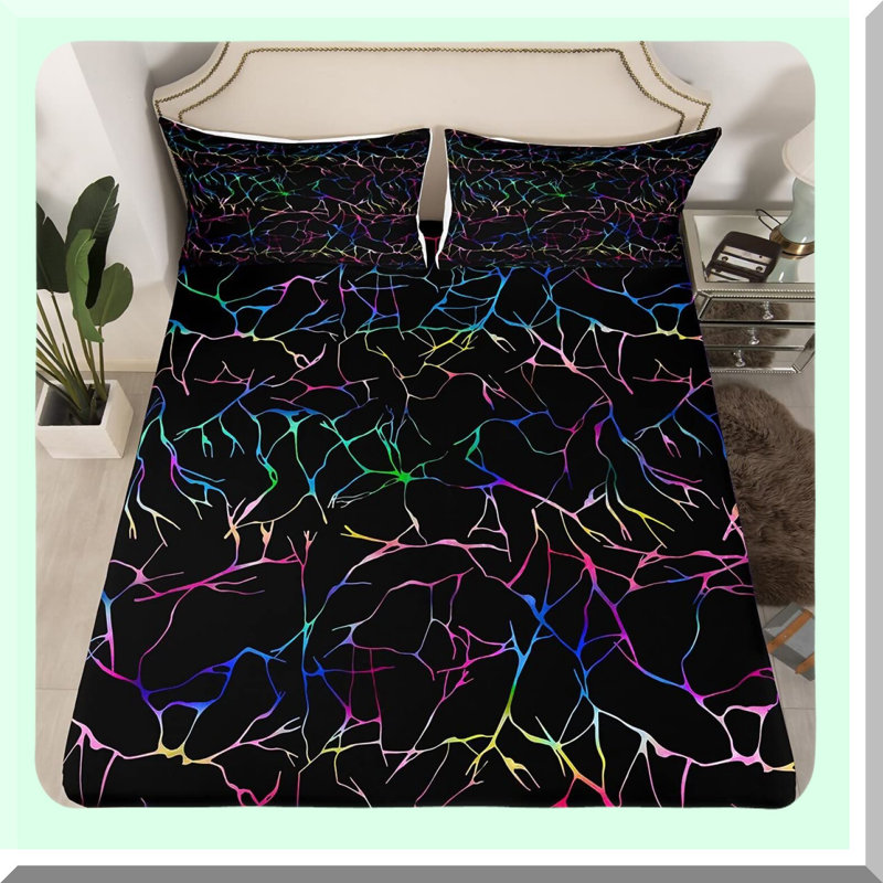 Iridescent Marble Glow Bedding Set - Multicolor Metallic Sheets, Gradient Glitter Fitted Sheet, Colorful Marble Home Decor - Queen Size