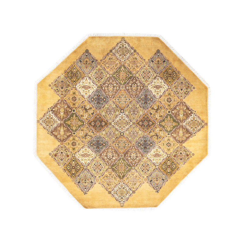 Tapis jaune / gris / noir noué à la main de conception unique 7 pi 1 po x 7 pi 1 po Verdale Mogul