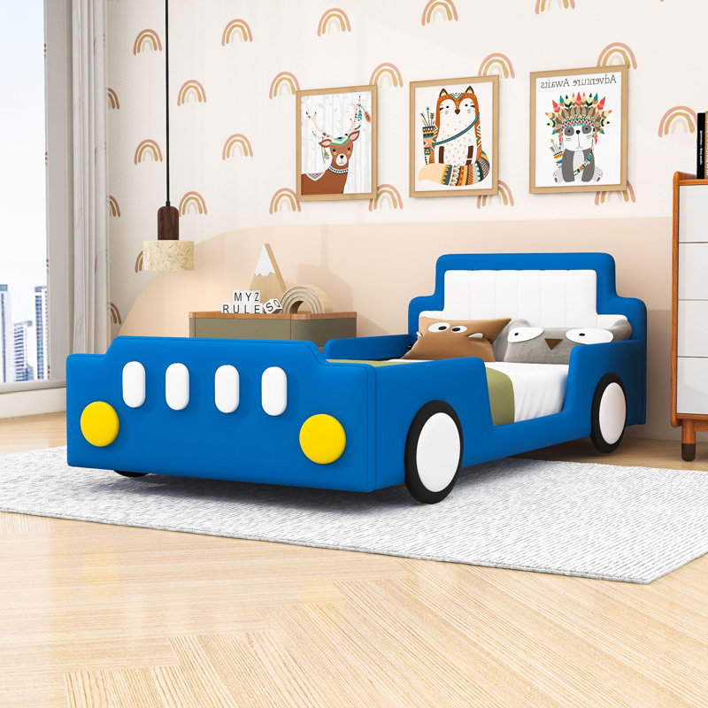 Twin Race Car-Themed Bed With Slats, Blue
