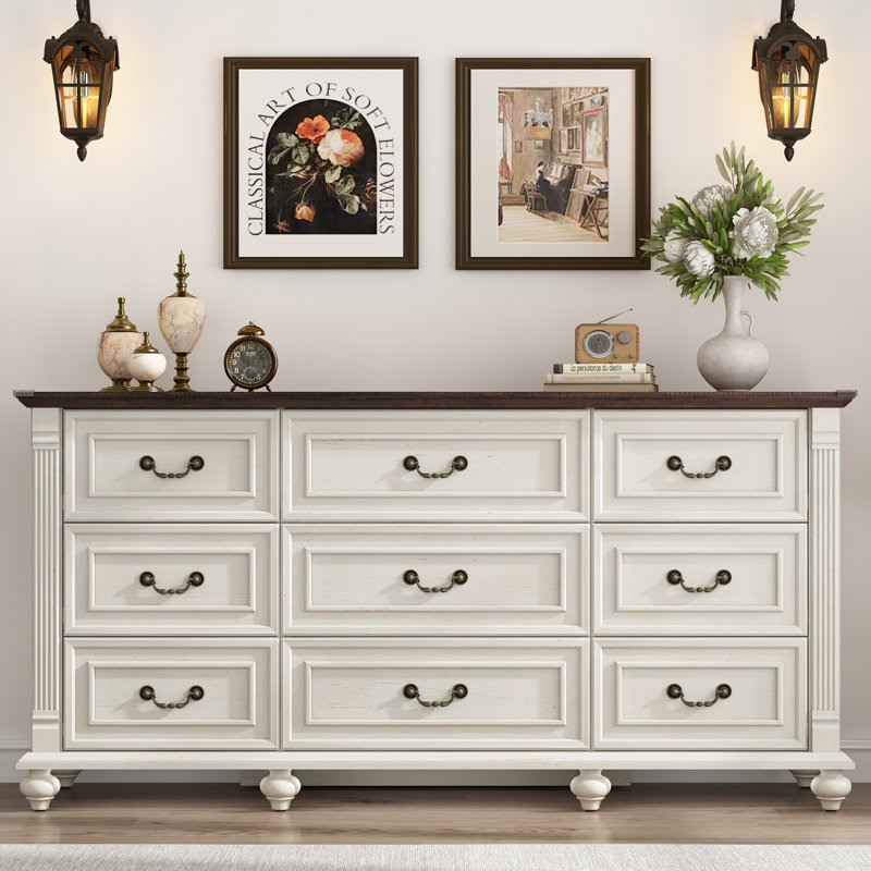 63" Wide 9 Drawer Dressers for Bedroom, Farmhouse Dresser with 6 Solid Wood feet, Wooden Dresser Rustic Chest, White
