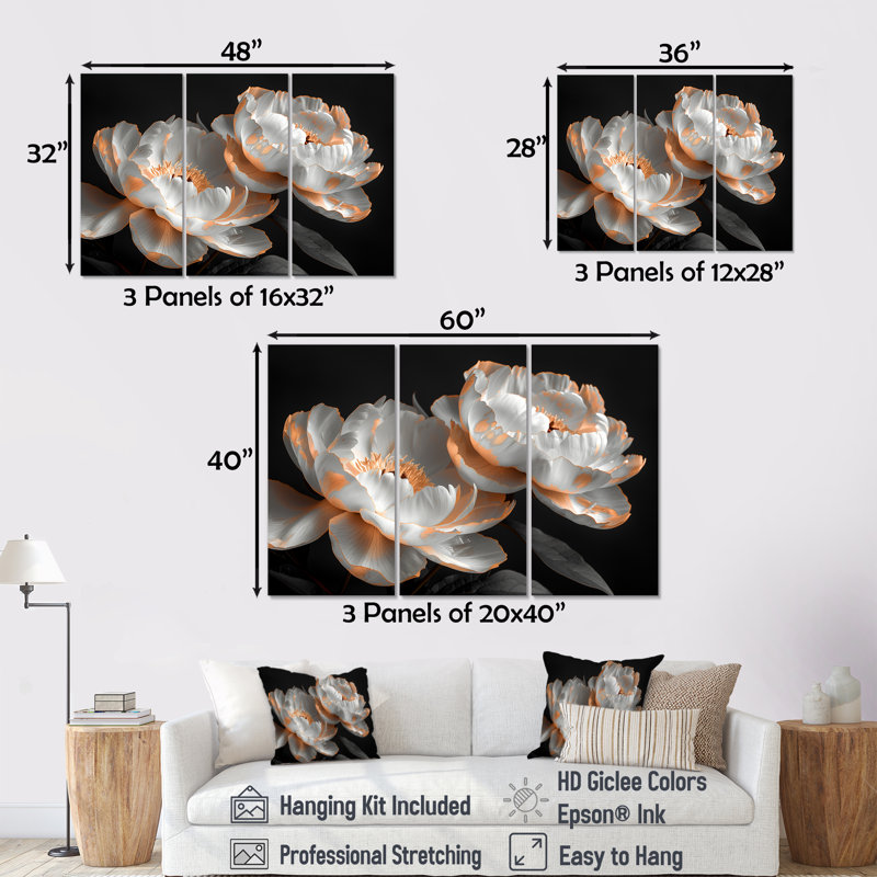 Rumbaugh - ensemble d'art mural pivoines, Toile tendue, H 40 po x l 60 po x P 1 po