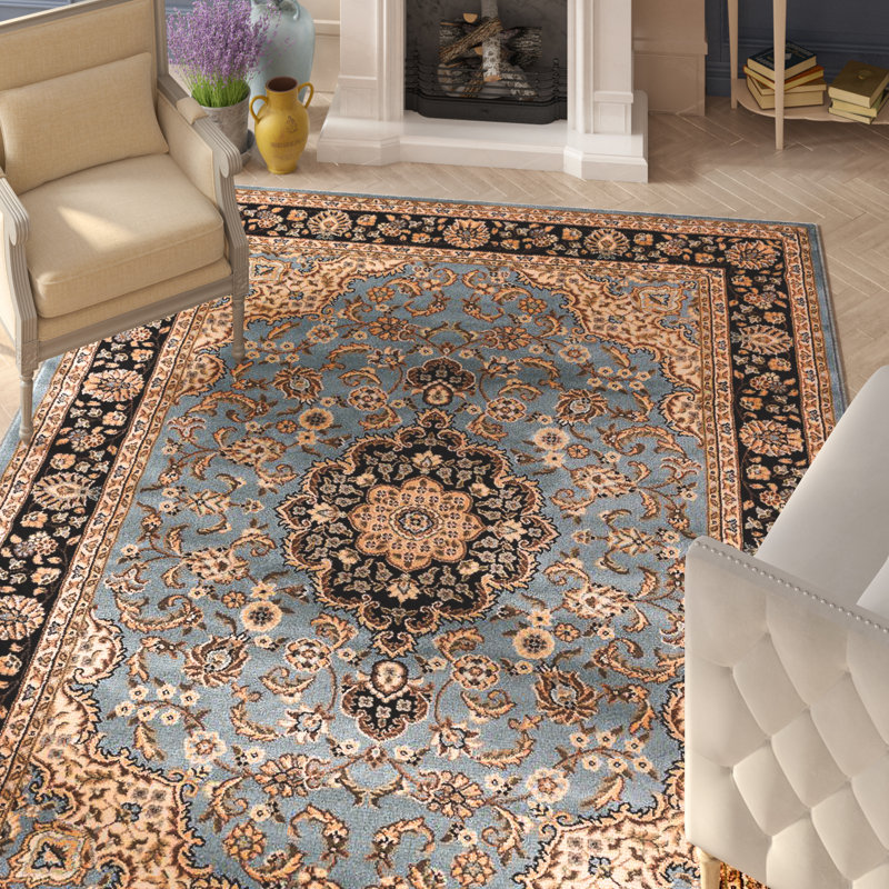 Belliere Medallion Kashan Light Blue Traditional Rug, Rectangle 5'3" x 7'3"