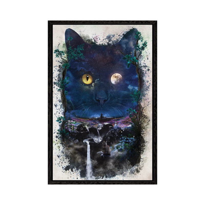 Night Cat 1 Piece Painting on Canvas, 66.04cm H x 45.72cm W x 3.81cm D, Black Framed