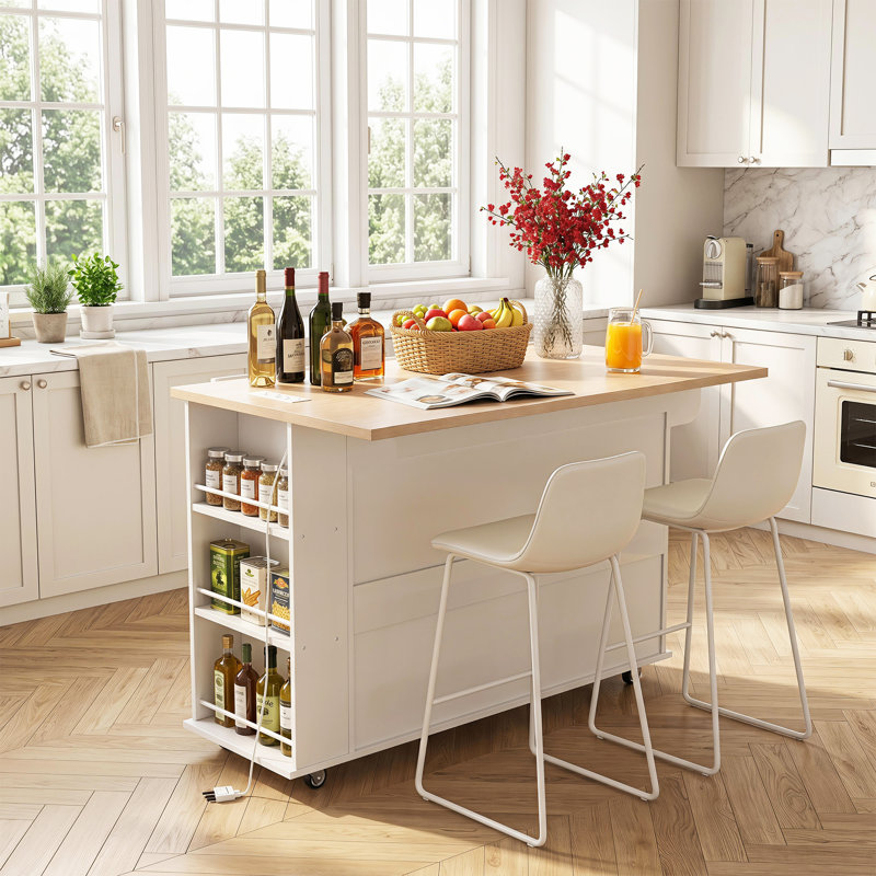 Îlot de cuisine avec armoire de rangement, station de recharge, compartiment poubelle, roulettes verrouillables et abattant