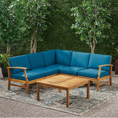 Ensemble de canapé modulaire d'extérieur en bois d'acacia 7 pièces, coussins résistants à l'eau, table basse carrée pour les rassemblements de patio