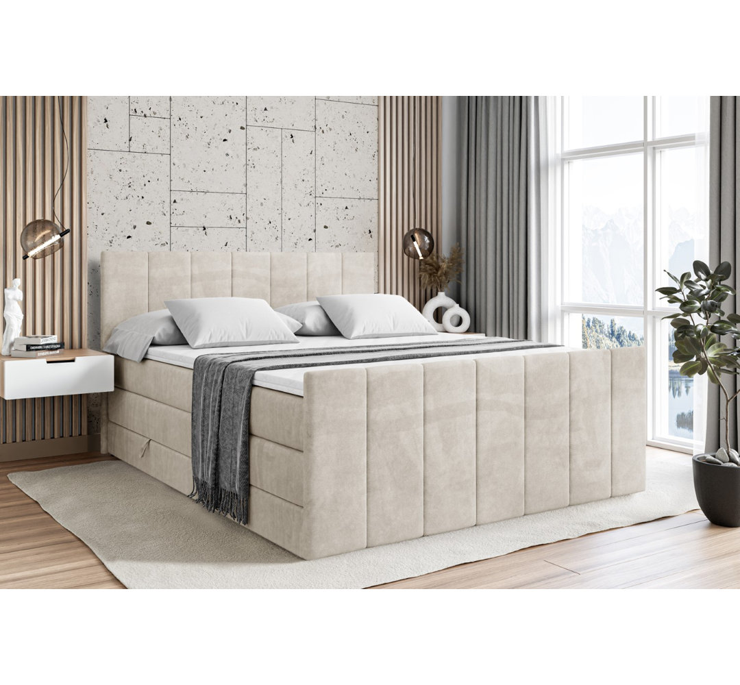 Echtes Boxspringbett Bhairoston mit Zwei Matratzen, Topper und Bettkasten