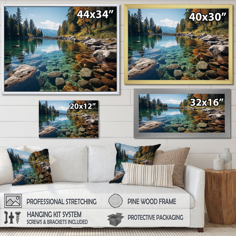 Lakeside Retreat I - Art mural pour salon Lakehouse, Cadre flottant doré, H 30 po x l 40 po x P 1,5 po