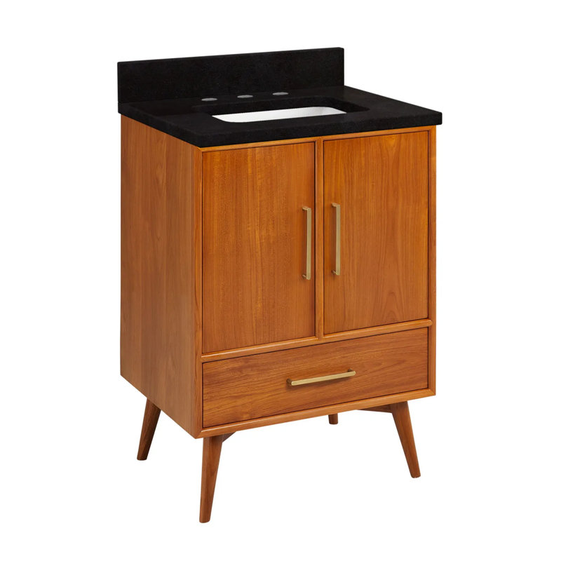 24" Novak Single Bathroom Vanity Set with Rectangular Undermount Sink, Natural Teak, 8" Widespread, Arctic White Quartz