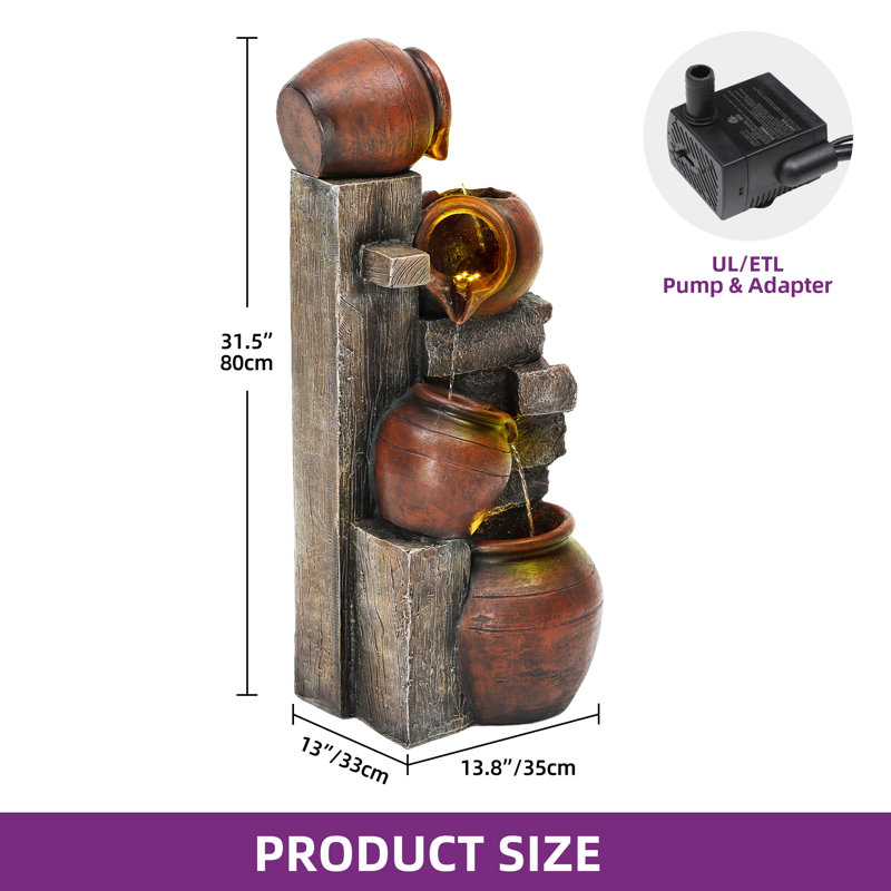 31.5"H Hand Crafted Weather Resistant Floor Fountain with  with Pot and Lights