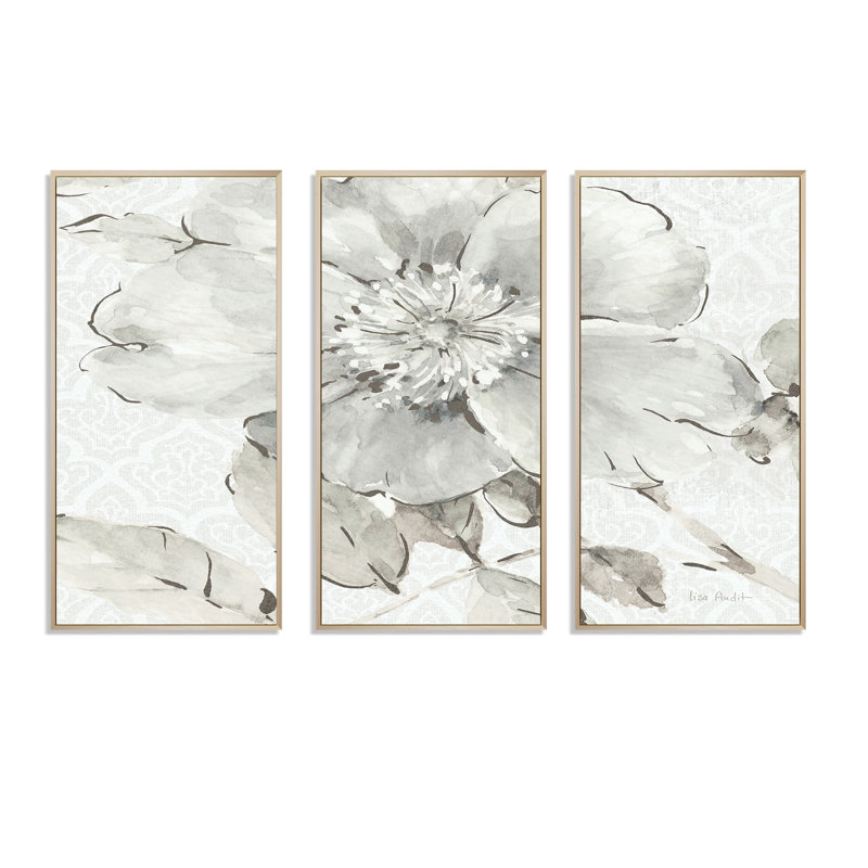 Indigold gris pivoines II - ensemble d'art mural sur toile traditionnel encadré de 3, H 32 po x l 48 po x P 1 po, Cadre brun