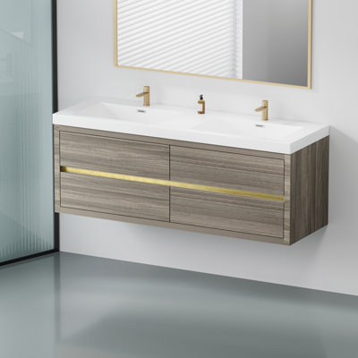 Meuble-lavabo mural 60 po avec lavabo double, meuble de rangement flottant pour salle de bain avec comptoir en résine de pierre et tiroirs à fermeture en douceur, gris cendré 24V15-60DAG