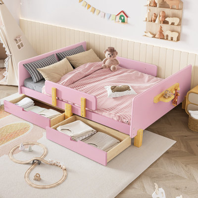 Lit plateforme avec tiroirs de rangement, structure de lit en bois massif avec garde-corps, petite tablette et crochets, aucun sommier nécessaire