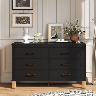  6-Drawer Double Dresser, Modern Storage Cabinet with Metal Handles & Solid Wood Legs, Dresser Drawer Organizer for Kids Bedroom, Heavy-Duty Wooden Dresser with Pre-Installed