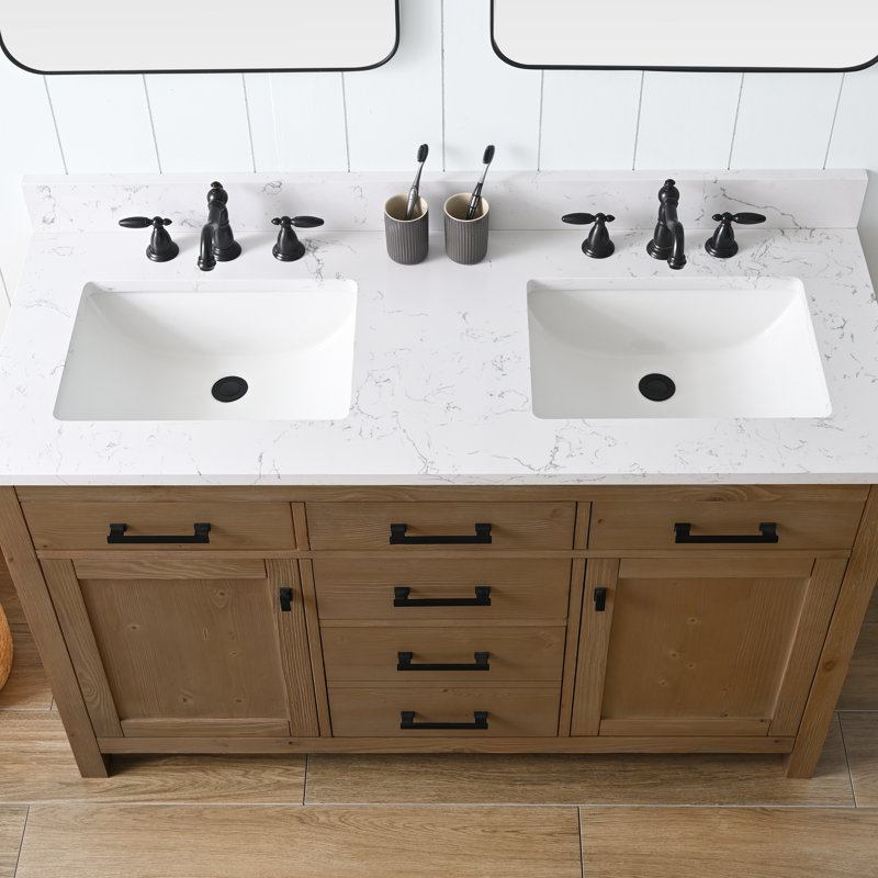 Ensemble de meuble-lavabo simple 42 po Ajiya, Naturel texturé / noir mat, Blanc de Carrare
