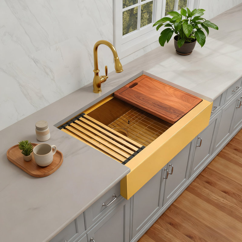  36" L x 22" W Workstation Gold Farmhouse Apron Front Kitchen Sink Undermount 16 Gauge Stainless Steel Single Bowl With Accessories