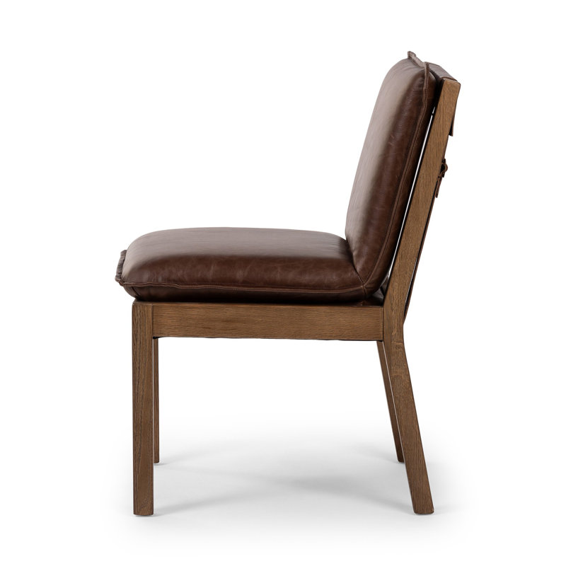 Wautoma Linen Upholstered Dining Chair in Beige, Brown Genuine Leather