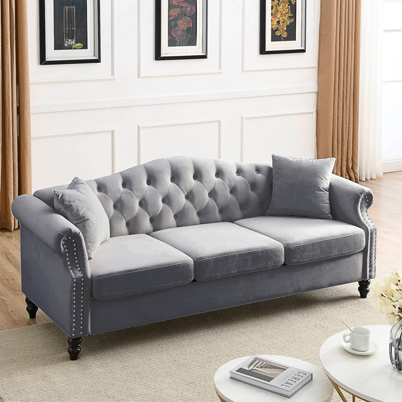 79" Chesterfield Sofa, Gray, 32" H x 79" W x 30" D,