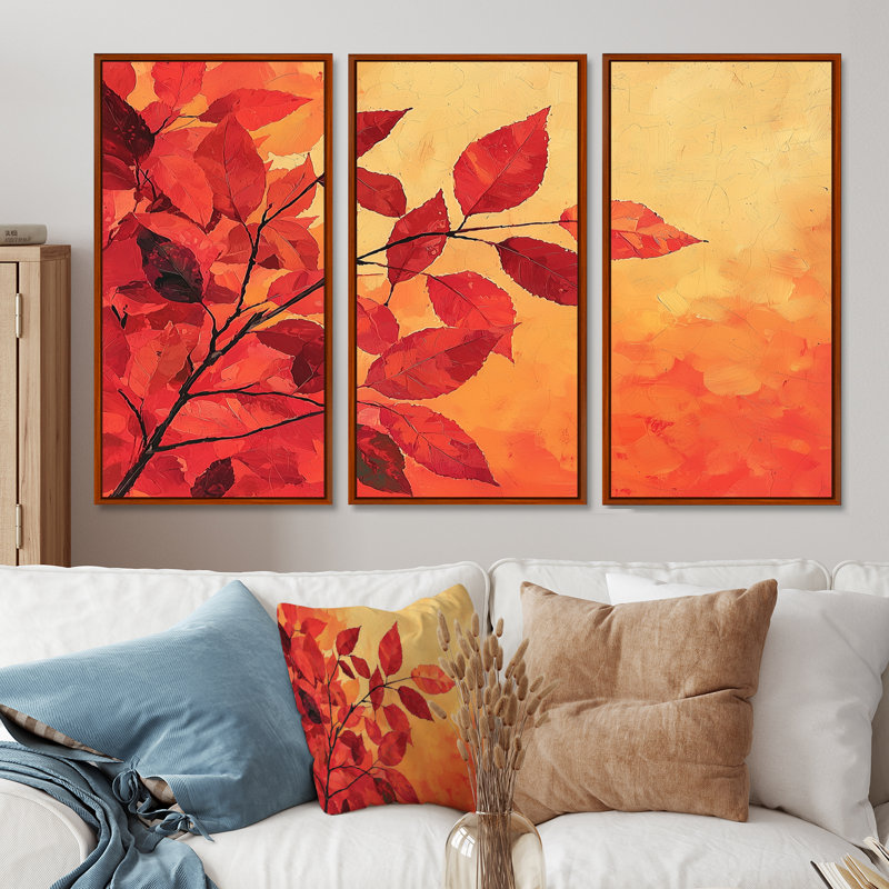 Automne, coucher de soleil et feuille d'érable III - art mural feuilles - ensemble de 3, H 32 po x l 48 po, Brun