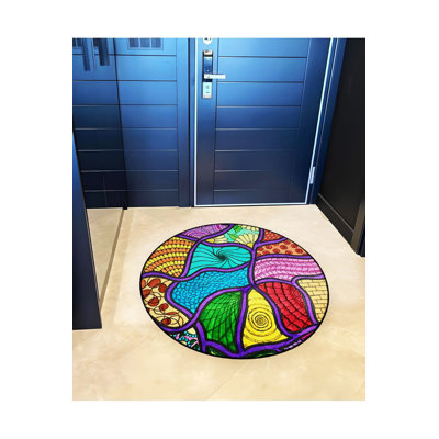 Tapis rond rond multicolore mauve à rayures tissées et lavable à la machine