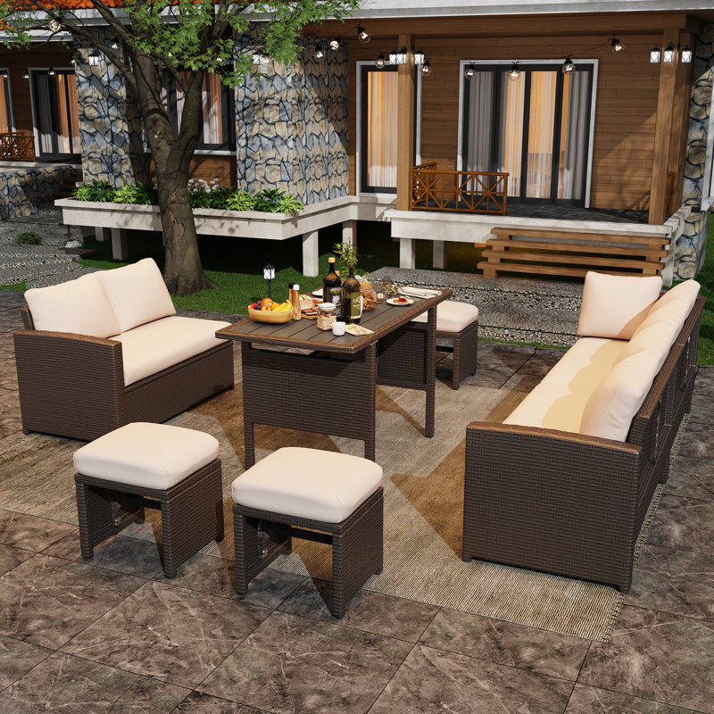 Ensemble de meubles de patio 7 pièces avec housse imperméable, Brun, Blé