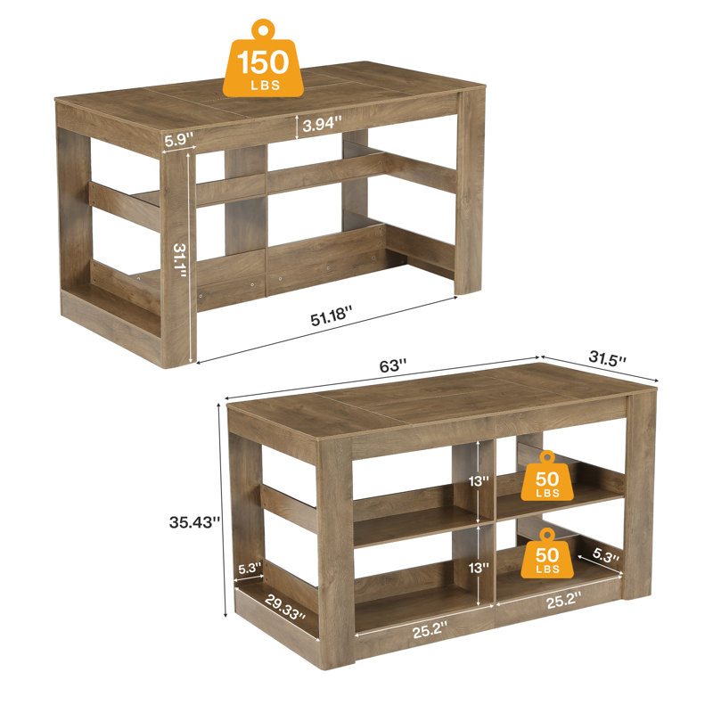 63" Kitchen Island with Storage, 3-Tier Farmhouse Wooden Stationary Island Table with Large Worktop & Leg Room