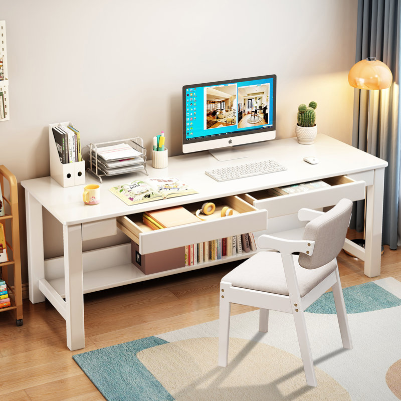  63" Solid Wood Kids Study Writing Desk Rectangular Computer Table Workstation with Chair Set, White