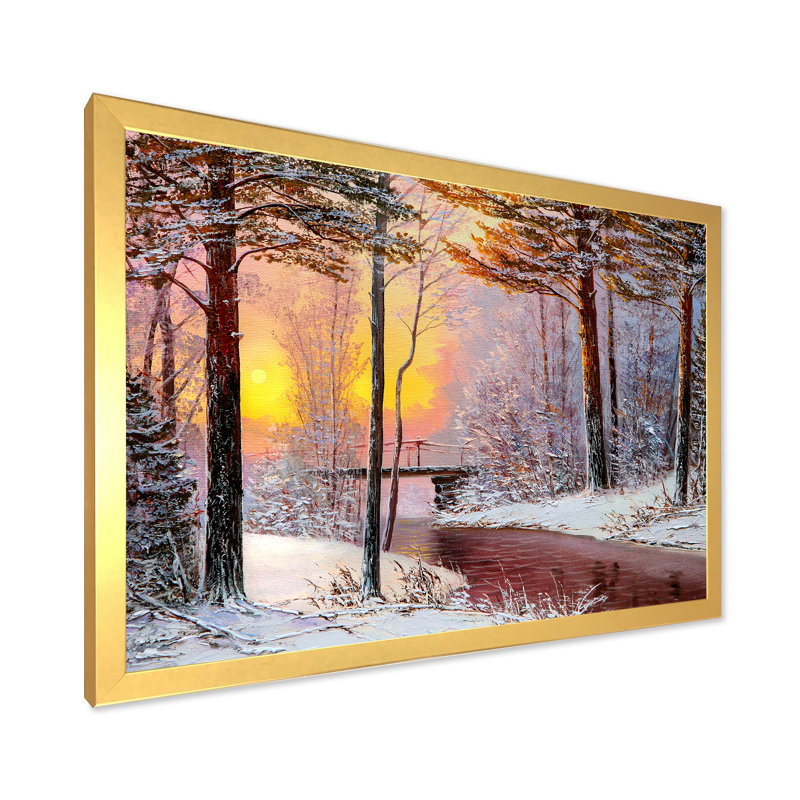 Forêt de Noël avec rivière et arbres IV - peinture sur toile, H 12 po x l 20 po x p 1 po, Cadre doré