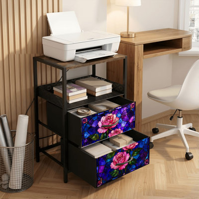 2 Drawers Nightstand with Charging Station, Bedroom Nightstand with USB Ports, Outlets Open Shelf Black, night stand with Pink Roses Vibrant Blue Purple Stained Glass Print Print