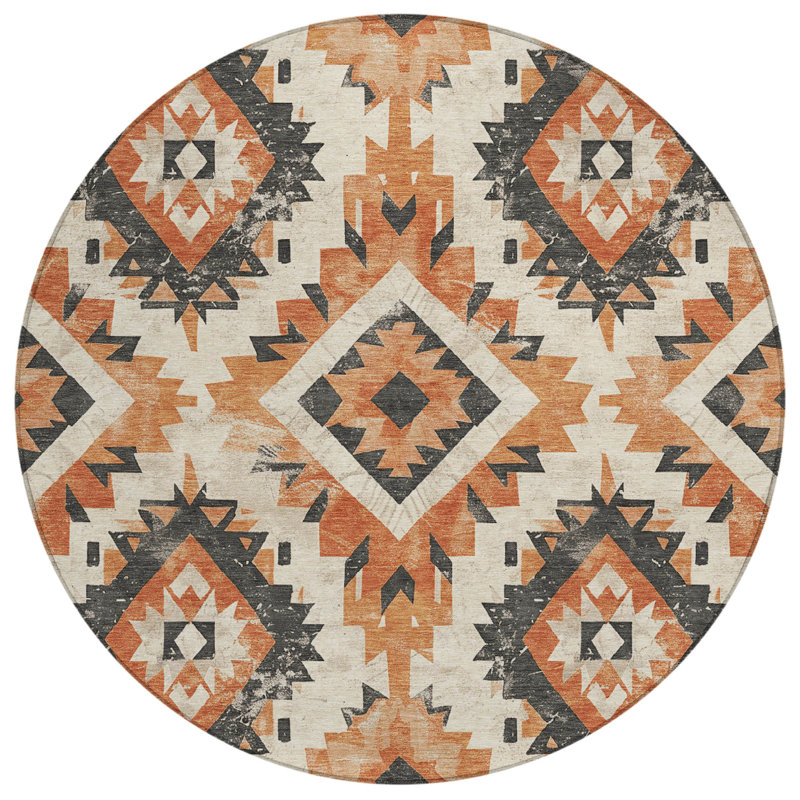 Machine Washable Indoor/Outdoor Xhevrie Terracotta Rug, Round 8'