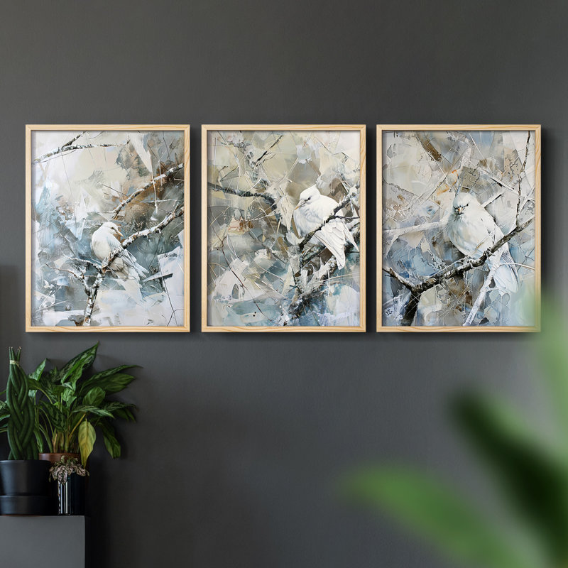 Aviary Study  Series  XIII  -Set Of 3 Framed Giclee Prints -Ready to Hang, Natural Framed, 14" H x 11" W