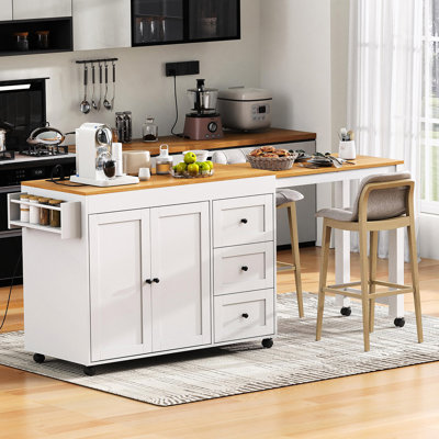 Îlot de cuisine 74,8 po avec table de salle à manger extensible, chariot de rangement de cuisine avec 3 tiroirs, prise de courant, îlot de cuisine sur roulettes avec support à épices et armoire à 2 portes