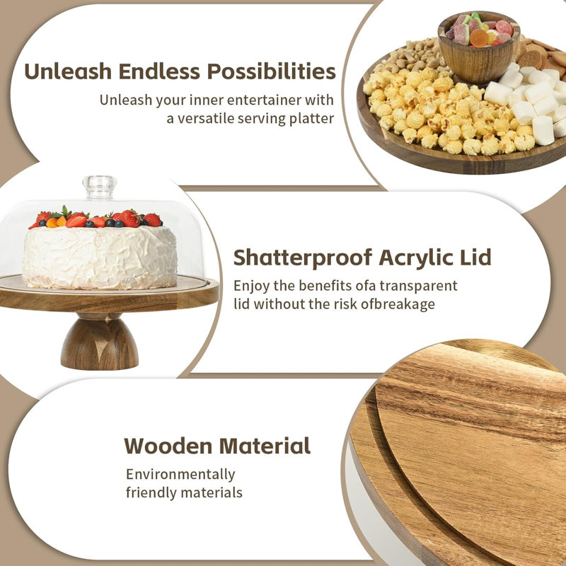 Présentoir à gâteaux en bois d'acacia avec couvercle, assiette à gâteau 2-en-1 avec couvercle en acrylique, ensemble de présentoirs à table ronde 12 po