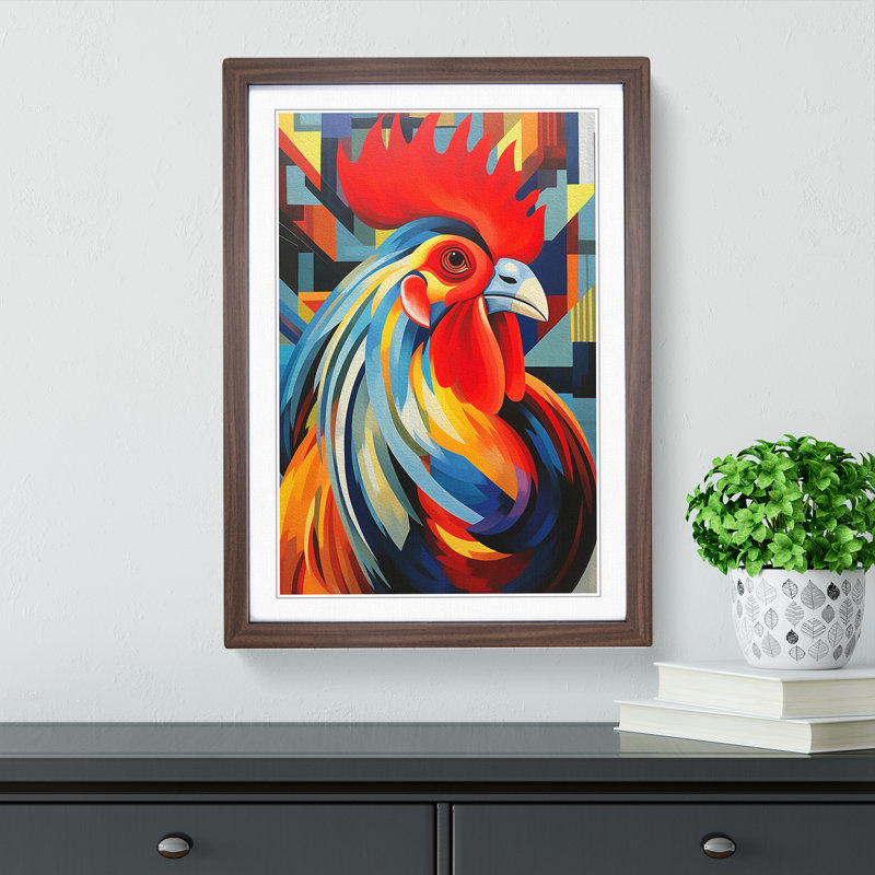 Rooster Constructivism - Single Picture Frame Print on Wood, 46cm H x 34cm W x 2cm D, Walnut