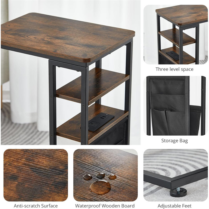 C Shaped End Table for Couch, C Shaped Side Table with Storage Bag, C Table for Sofa with 2 Storage Shelf, Black With Socket