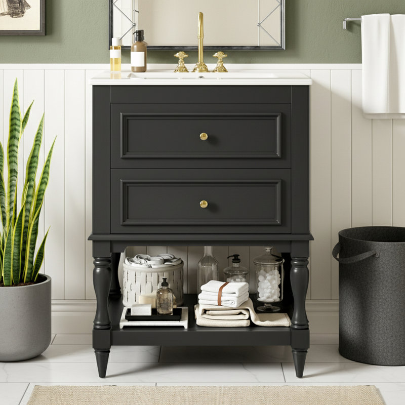 Meuble-lavabo avec lavabo et tiroirs en céramique, Black