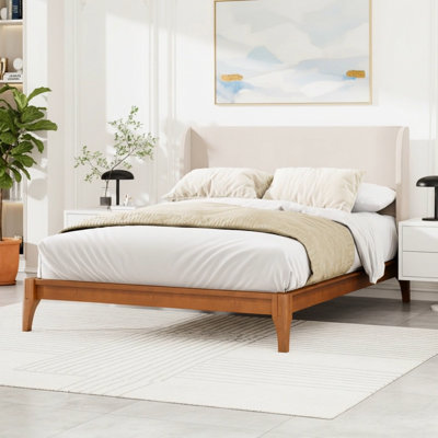 King Size Solid Dry Bamboo Wood 12 Inch Platform Bed, With 48" Upholstered High Headboard, Easy Assembly